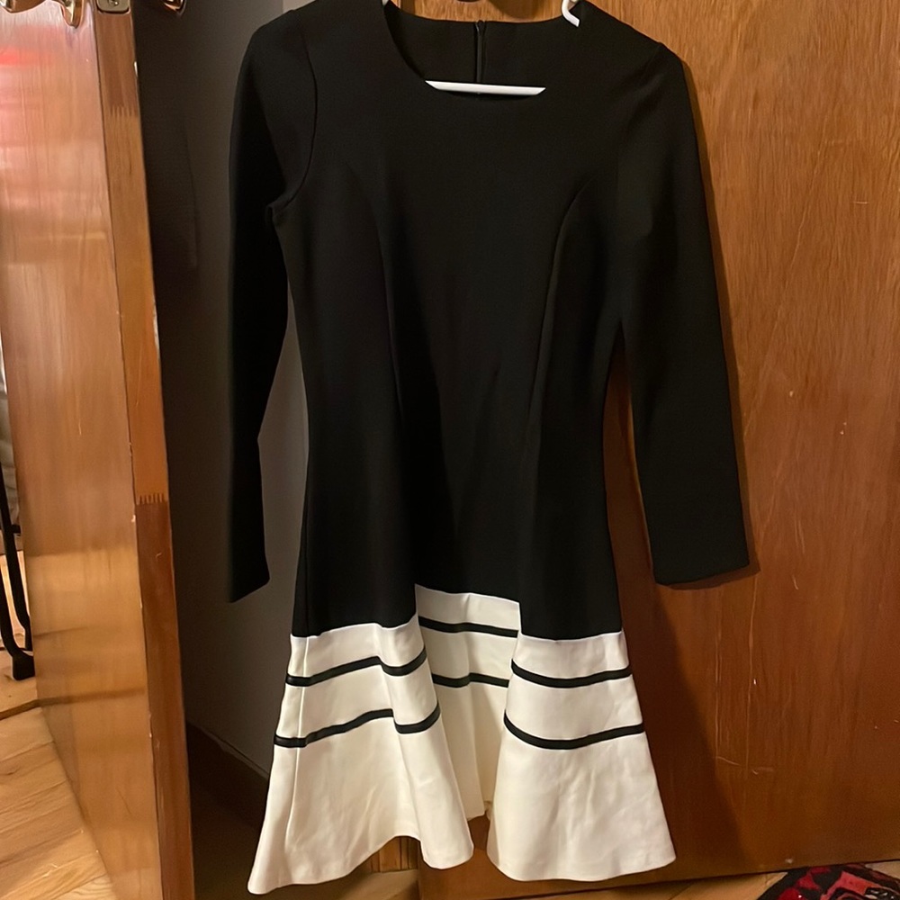 Black mini flair dress white white strip